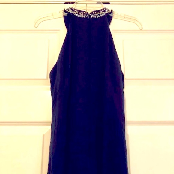 NWT SLNY Jewel Embellished Halter Mini Formal Dress in Navy Chiffon SZ 8 - Picture 7 of 8